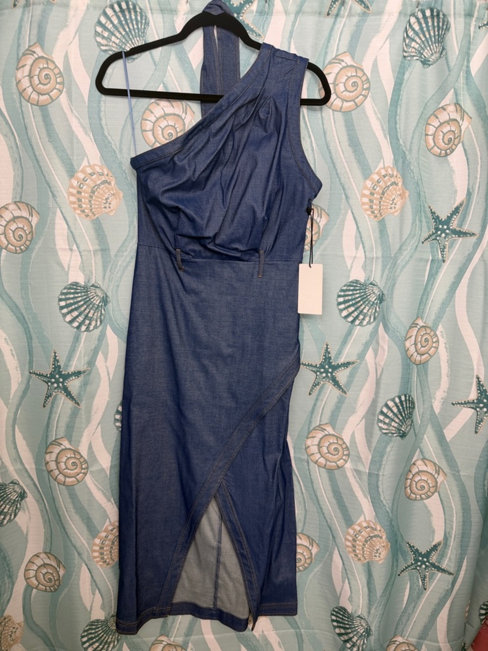 One-Shoulder Denim Midi Dress in Deep Blue